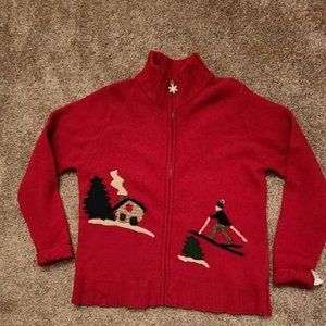 Vintage 100% Wool Skier Applique Front Zip Sweater